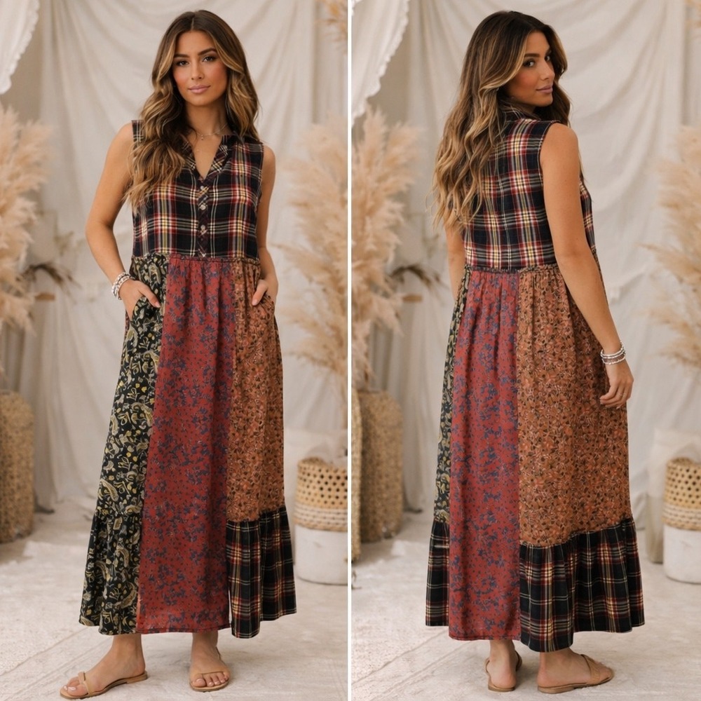 Natural Life Boho Peasant Cottagecore Patchwork Maxi Dress Sleeveless Henley M